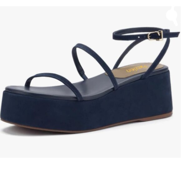 Pazzion Dark Blue Platform Strappy Open Toe Wedge Heel Sandal Strap Buckle Shoes - Picture 1 of 8
